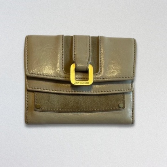 Jimmy Choo Compact Wallet Leather Suede Double Flap Closure Taupe/Gold One Size - Picture 1 of 12